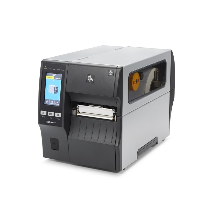 TT Printer ZT411; 4", 203 dpi, US Cord, Serial, USB, 10/100 Ethernet, Bluetooth 4.1/MFi, USB Host, Peel w/ Liner Take-Up, EZPL